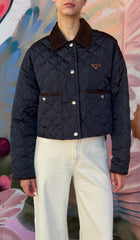Prada Re-Nylon Navy and Brown Corduroy Padded Snap Field Jacket - IT 42 / 6