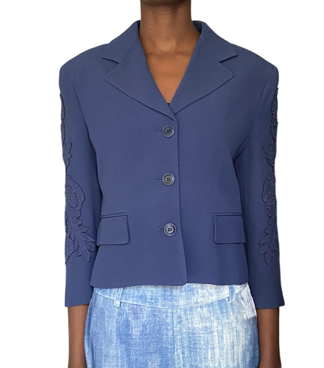 Ermanno Scervino Navy Floral Lace Sleeve Blazer - US 4-6