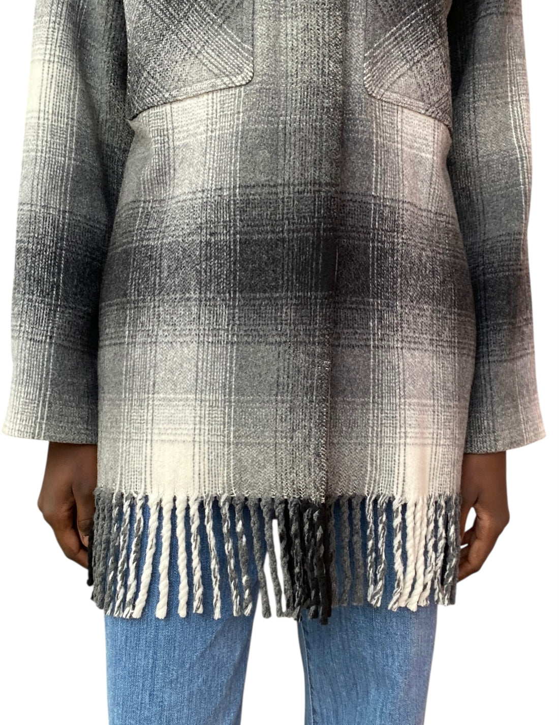 T By Wang Grey Fringe Checked Shacket - US 6