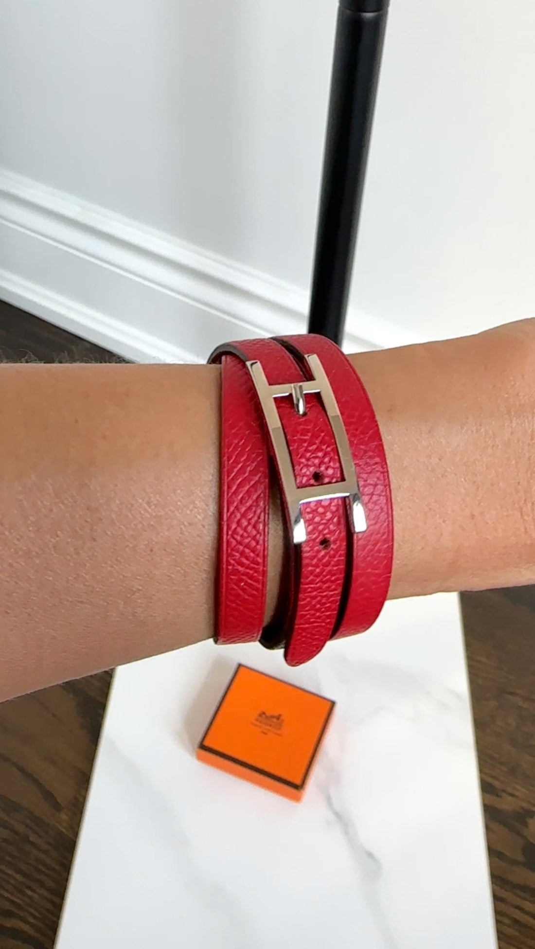 Hermes Red Epsom Leather Behapi Quad Tour Wrap Bracelet