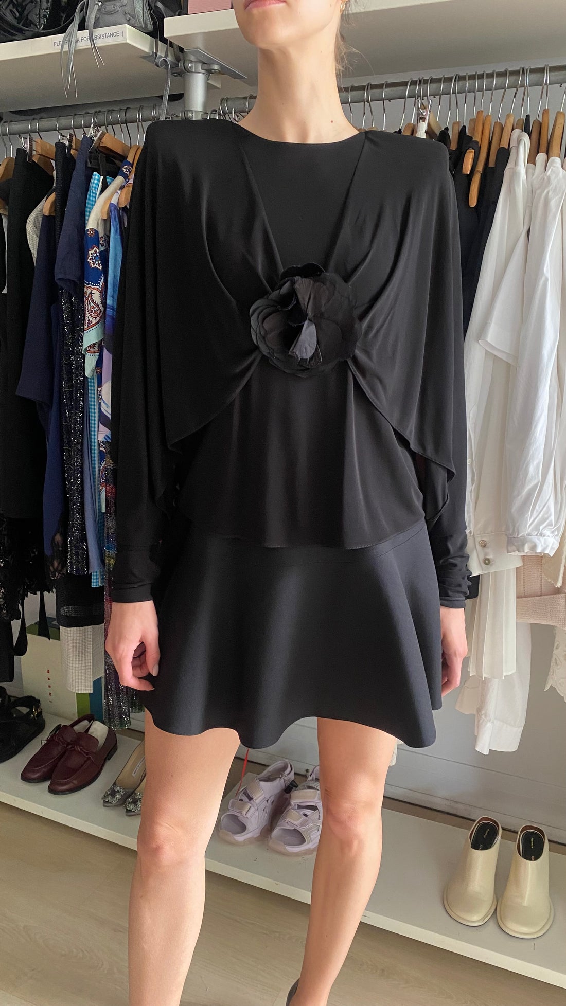 Saint Laurent Black Floral Appliqué Crepe Long Sleeve Top - FR 36 / US 4
