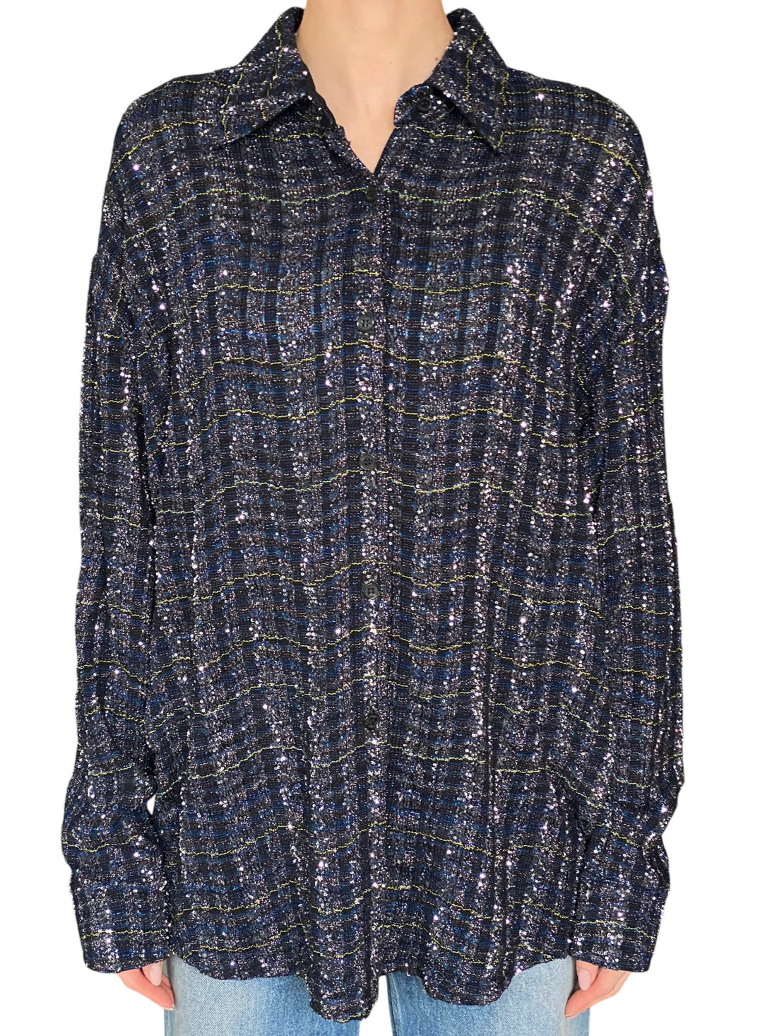 Missoni Navy Sequin Tweed Checked Long Sleeve Shirt - 40 / US 4-6