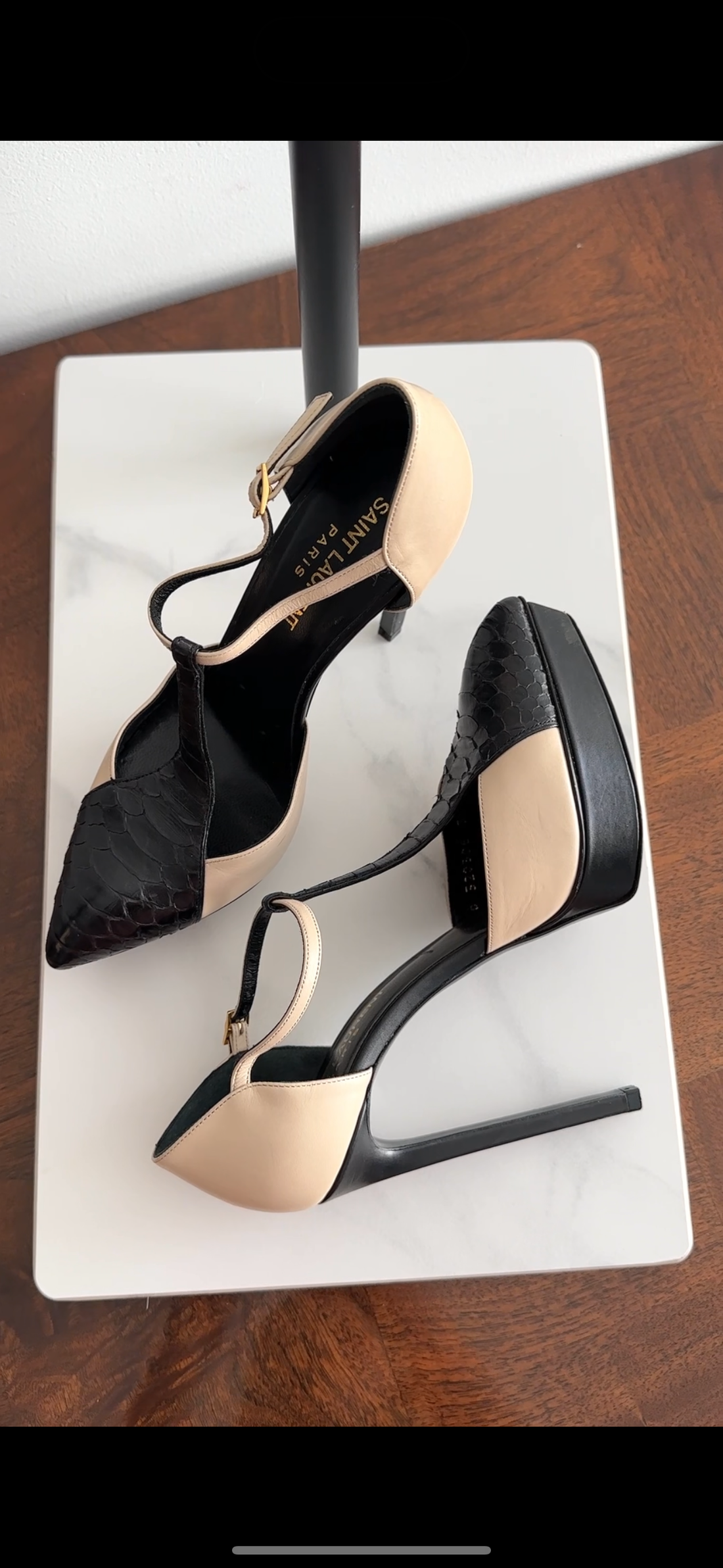 Saint Laurent Beige and Black Python T-strap Heels - 36.5