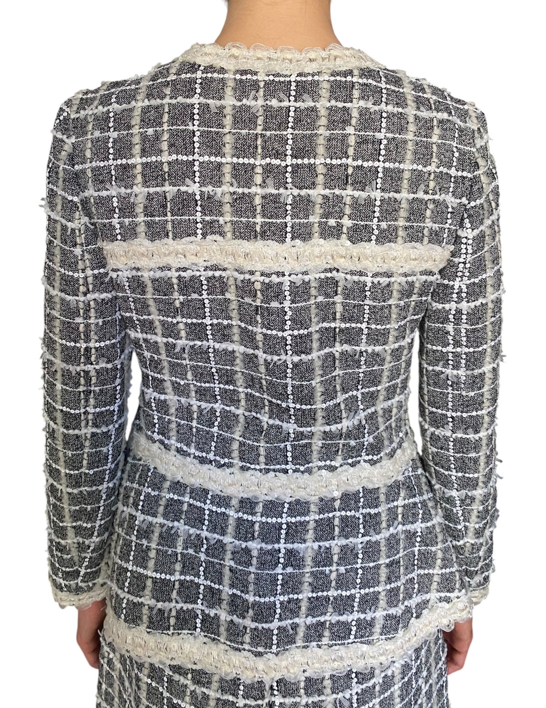 Giambattista Valli Grey & White Sequin Check Tweed 2-Piece Jacket & Skirt Set - IT 44 / US 6-8