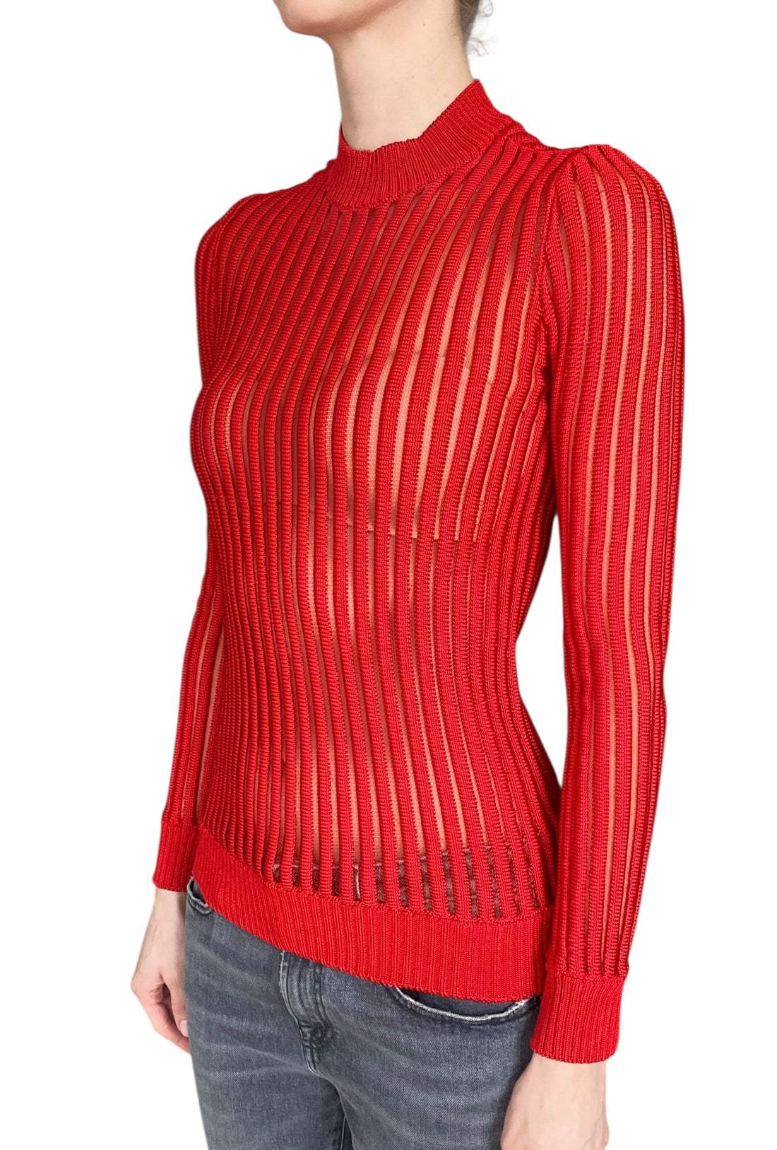Balmain Red Rib Knit Mesh Long-Sleeve Top - US 0-2