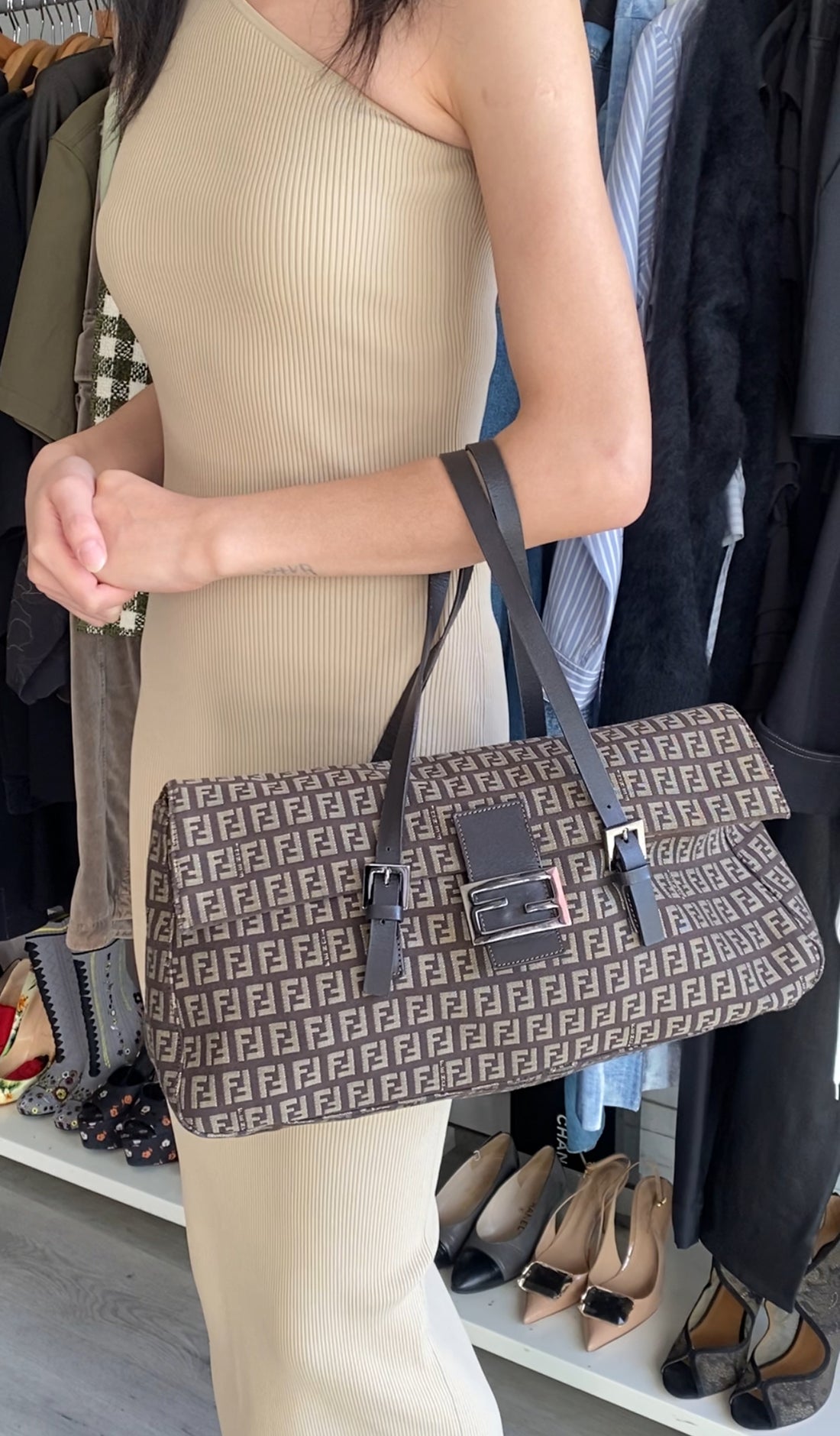 Fendi Brown Zucca Fabric East West Mama Baguette Bag