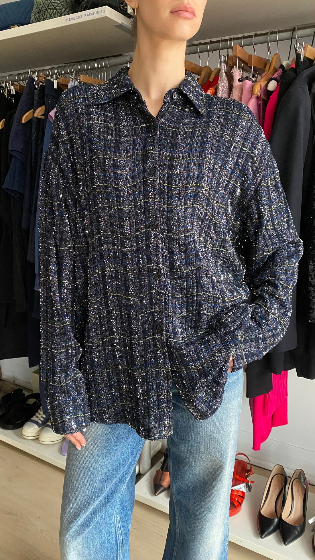 Missoni Navy Sequin Tweed Checked Long Sleeve Shirt - 40 / US 4-6