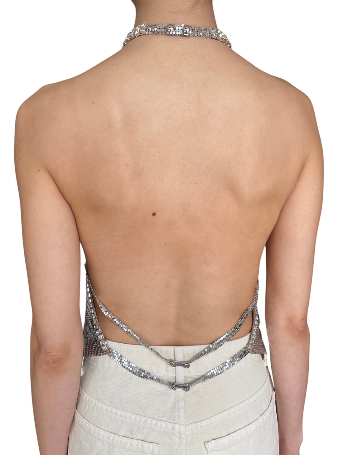 Paco Rabanne Silver Crystal Embellished Halter Chainmail Mesh Top - F40 / US 6-8