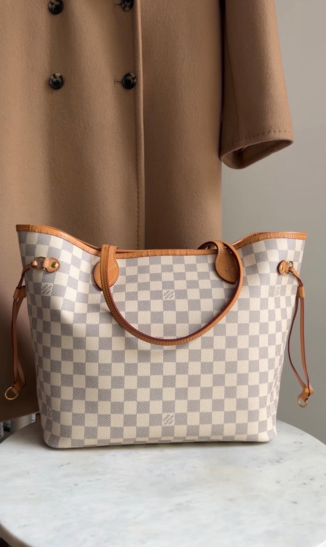 Louis Vuitton White Grey Damier Azur Coated Canvas Neverfull with Hot Stamp MM