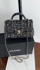 Chanel 24P Black and White Fantasy Tweed Mini Top Handle Chain Bag