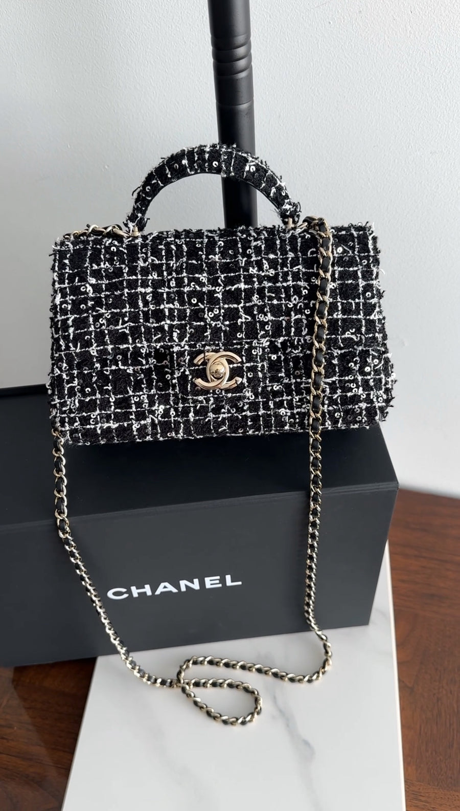 Chanel 24P Black and White Fantasy Tweed Mini Top Handle Chain Bag