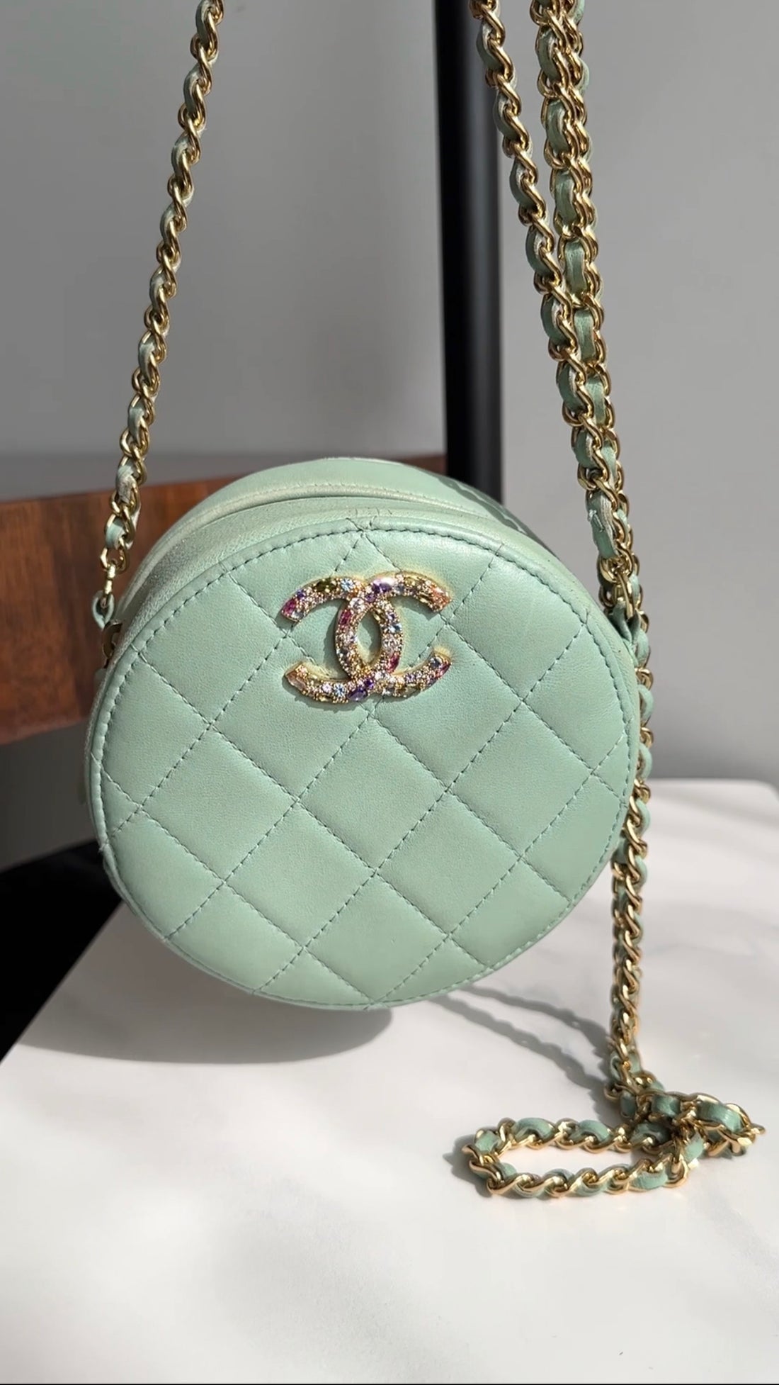 Chanel Mint Green Quilted Leather CC Strass Mini Round Clutch Bag