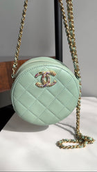 Chanel Mint Green Quilted Leather CC Strass Mini Round Clutch Bag