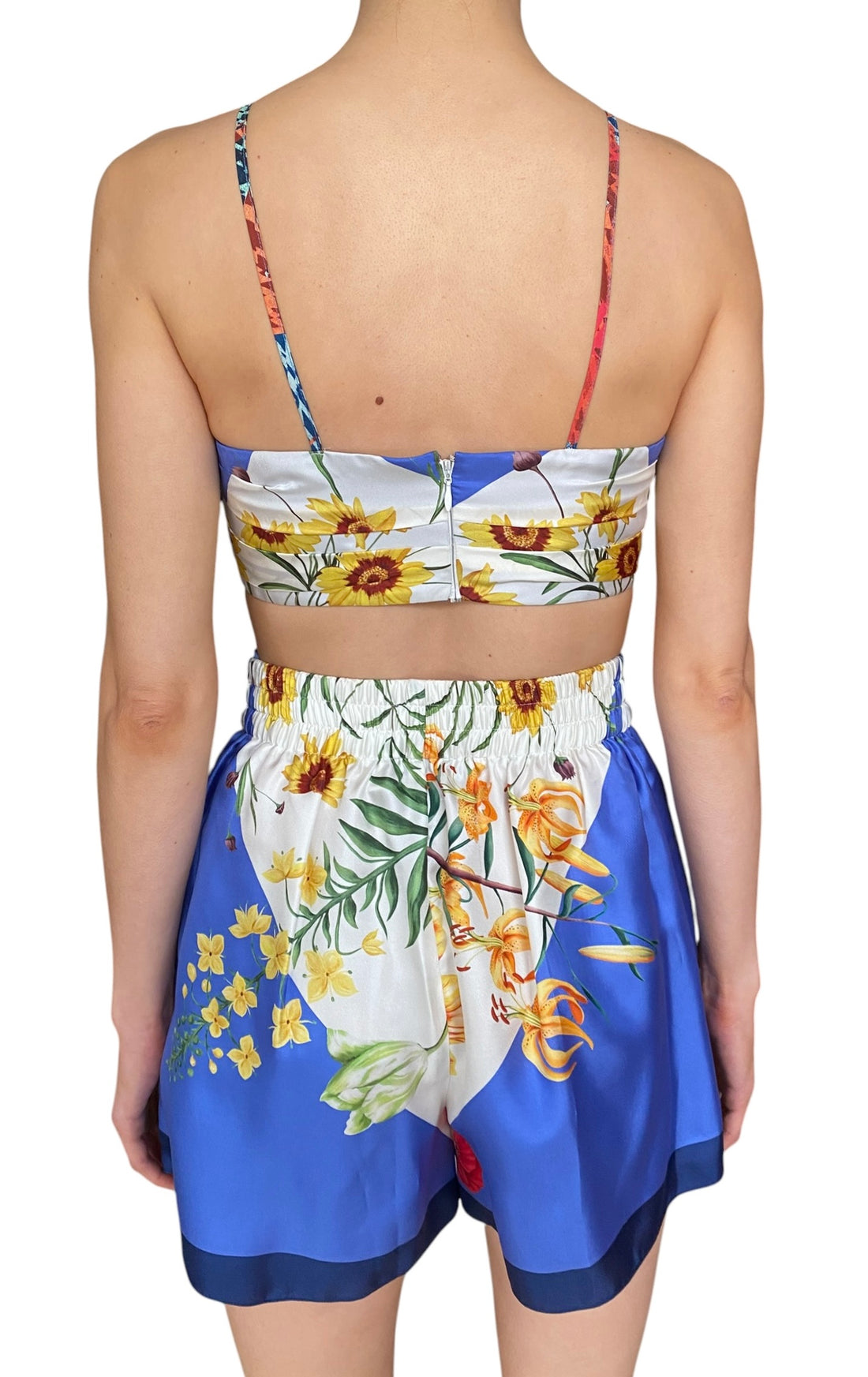 Oscar De La Renta Blue Silk Tie-Front Floral Printed 2-Piece Bralette Short Set - US 4