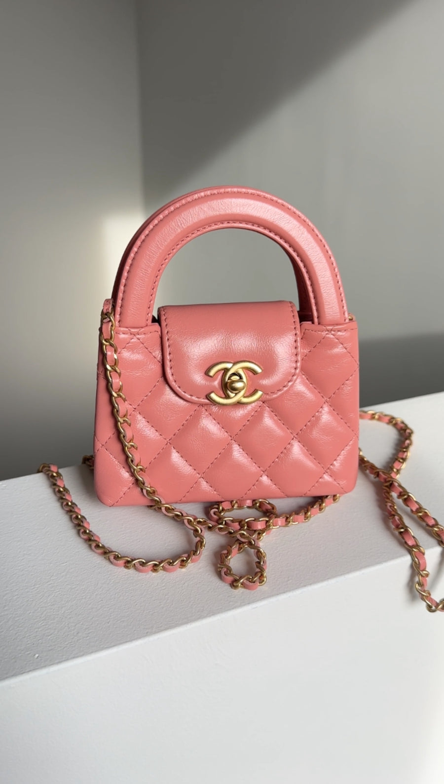 Chanel flamingo Pink Nano Kelly Shopping Bag Crossbody Chain