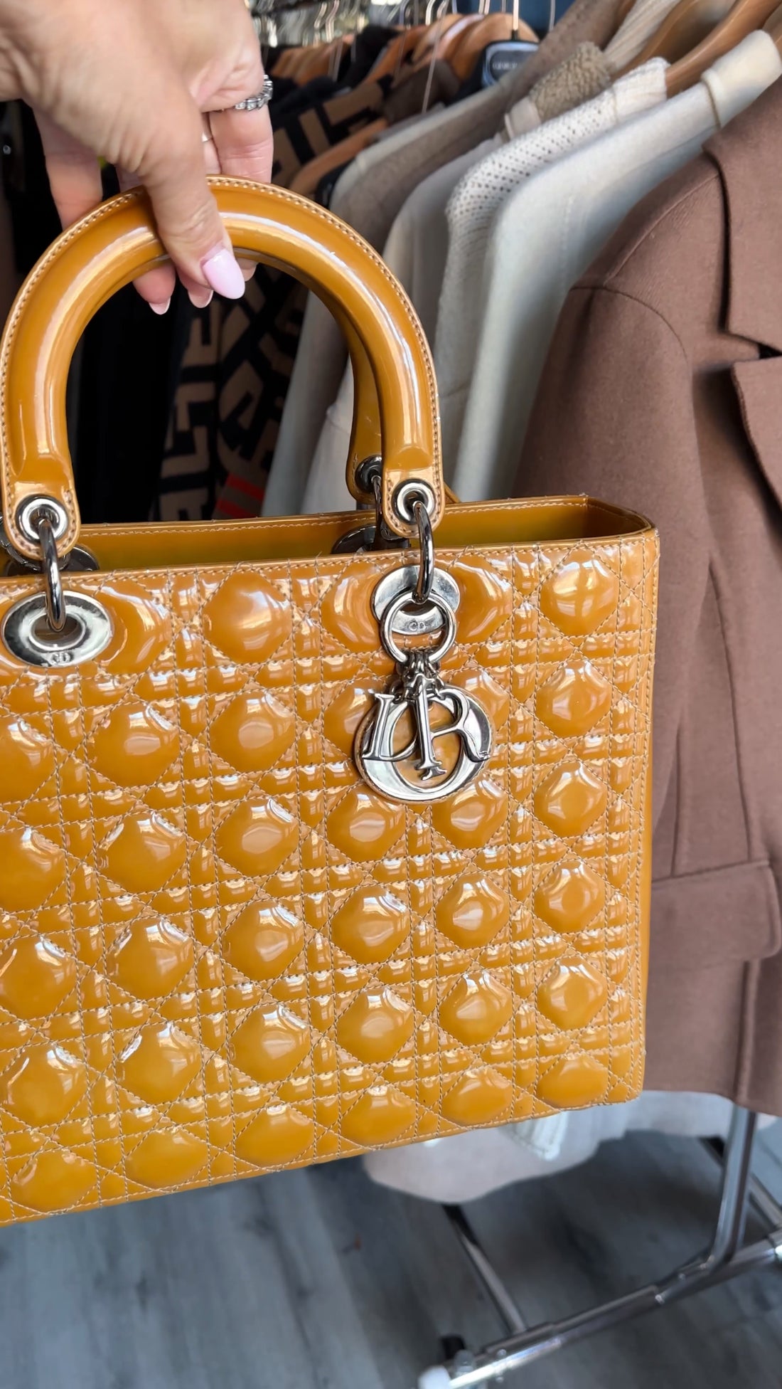 Christian Dior Vintage Large Mustard Patent Cannage Lady Dior SHW