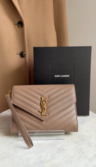 Saint Laurent Taupe Beige Grain de Poudre Matelasse Leather Cassandre Monogram Flap Wristlet Envelope Clutch