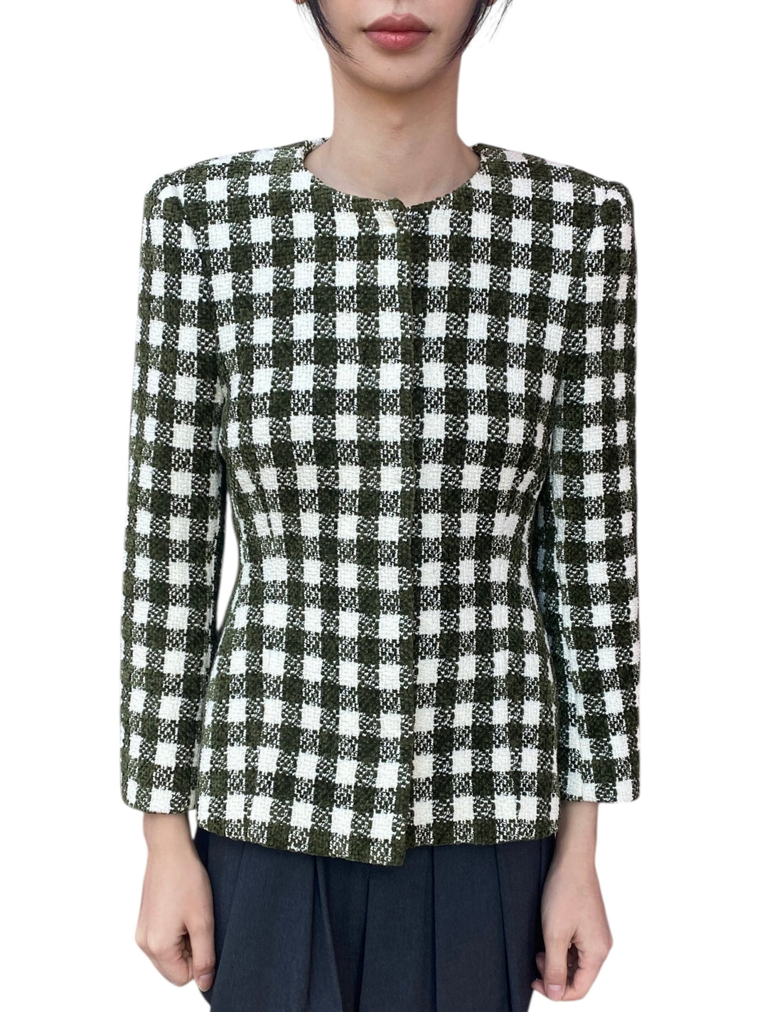 Oscar De La Renta Green Chenille Check Tweed Jacket - US 8