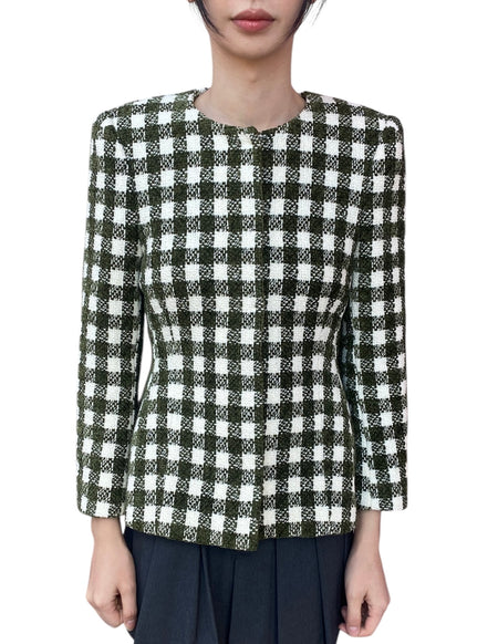 Oscar De La Renta Green Chenille Check Tweed Jacket - US 8