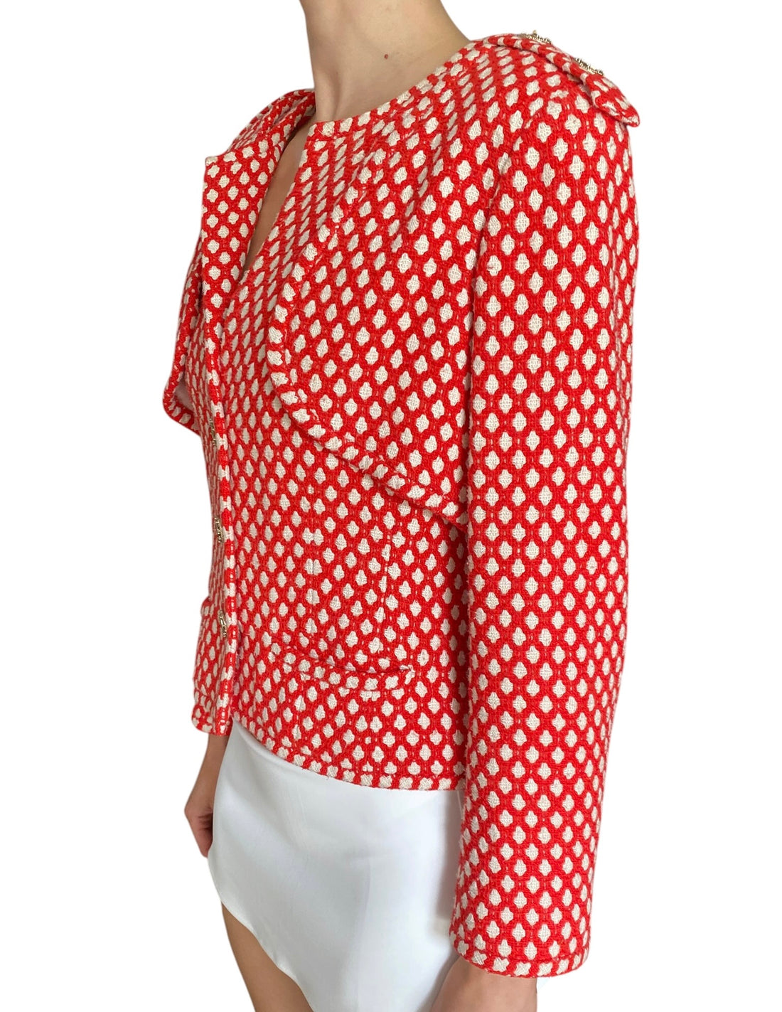 Chanel Spring 2008 Red & White Dotted Epaulet Tweed Jacket - 42 / US 4