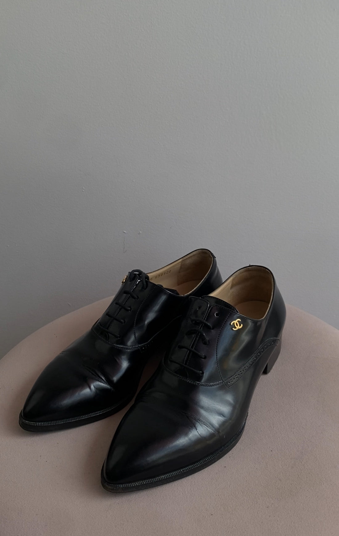 Chanel Black Brushed Leather CC Oxfords - 38