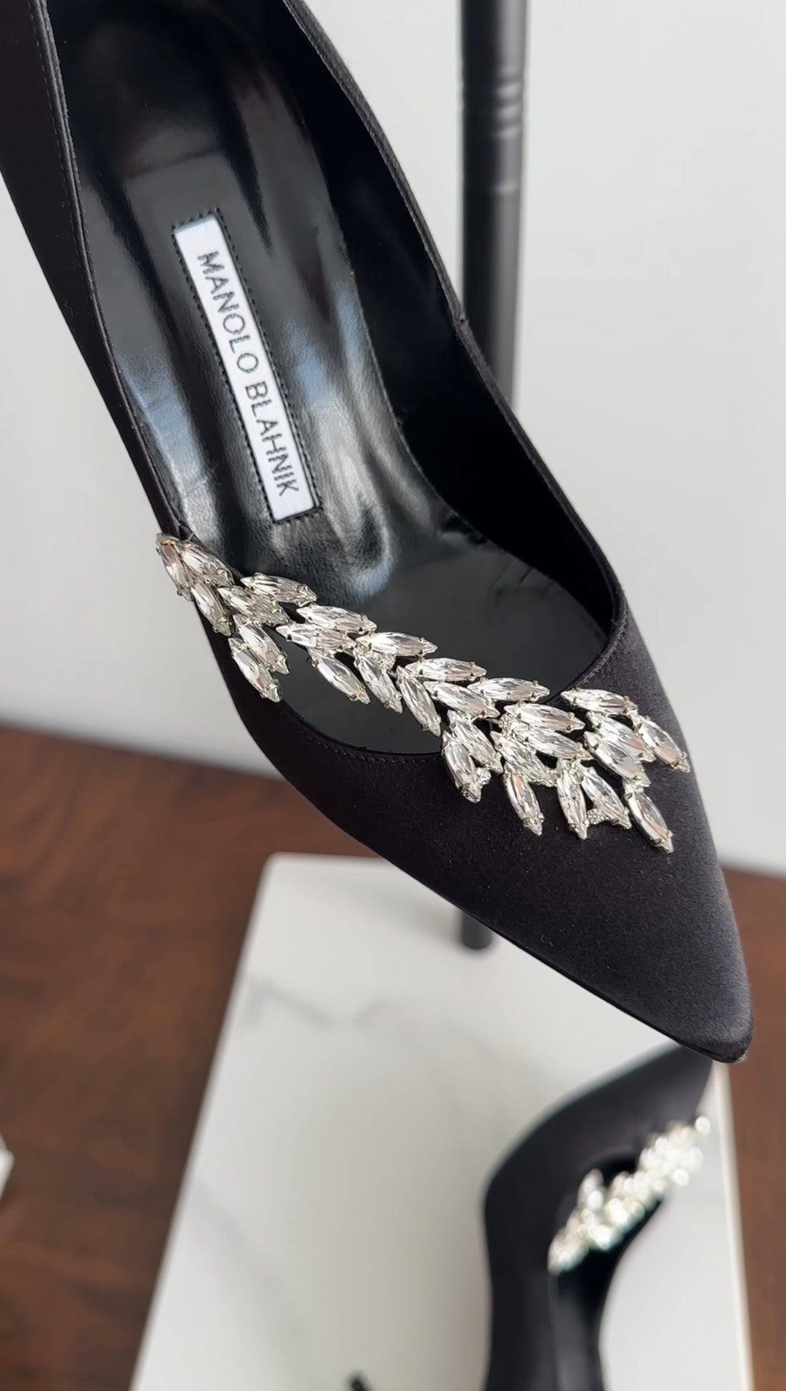 Manolo Blahnik Black Silk Satin Crystal Nadira Heels - 36.5 / 37