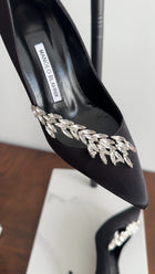 Manolo Blahnik Black Silk Satin Crystal Nadira Heels - 36.5 / 37