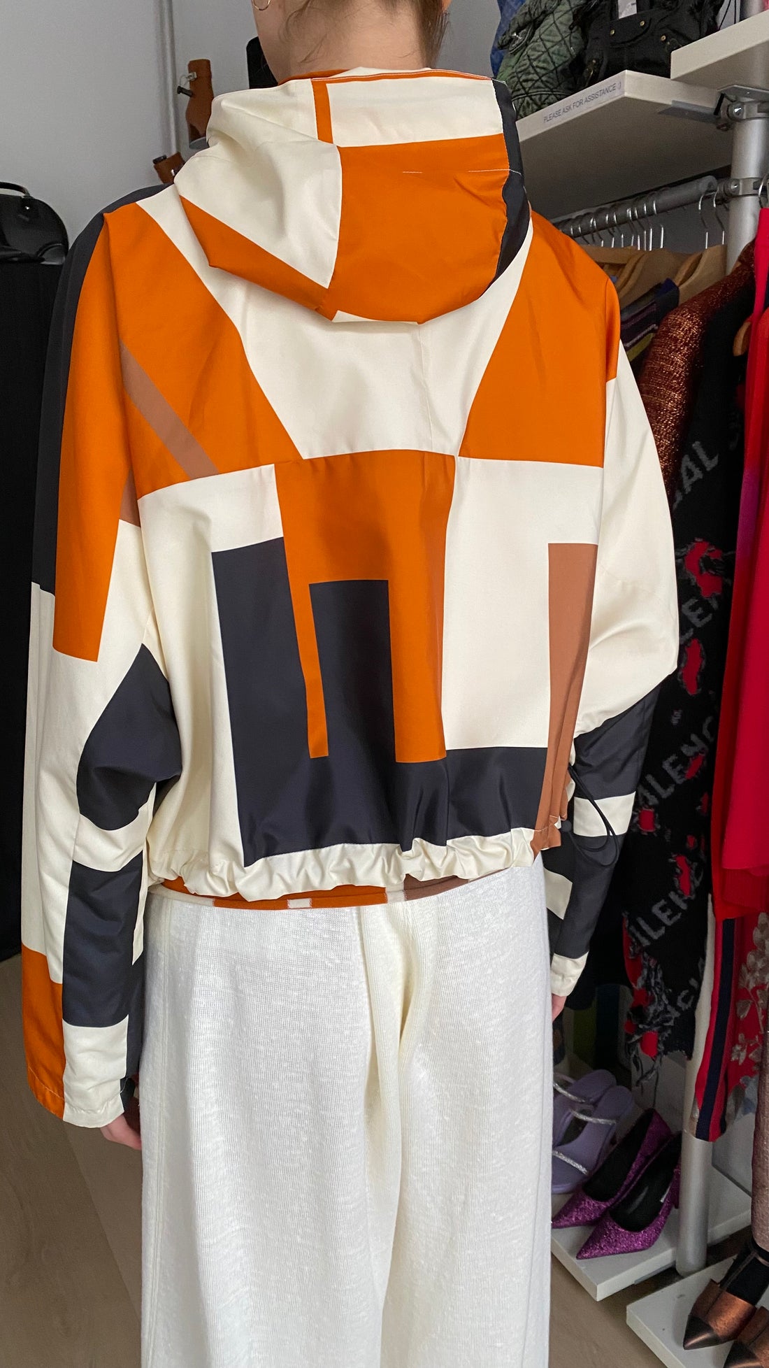 Fendi Orange Geo Puzzle Print Reversible Cropped Hooded Rain Jacket - M / 8-10