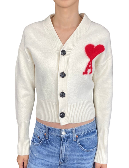 Ami Paris White Wool Logo Cardigan - XS