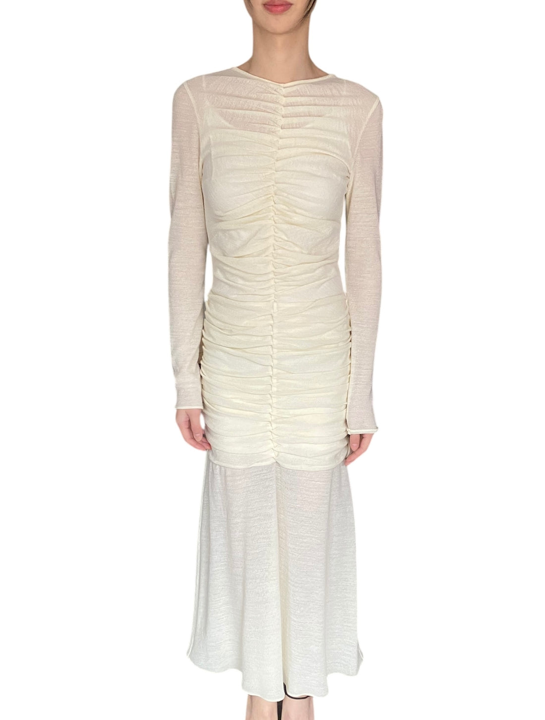 Moré Noir Ivory Ruched Fishtail Midi Dress - M