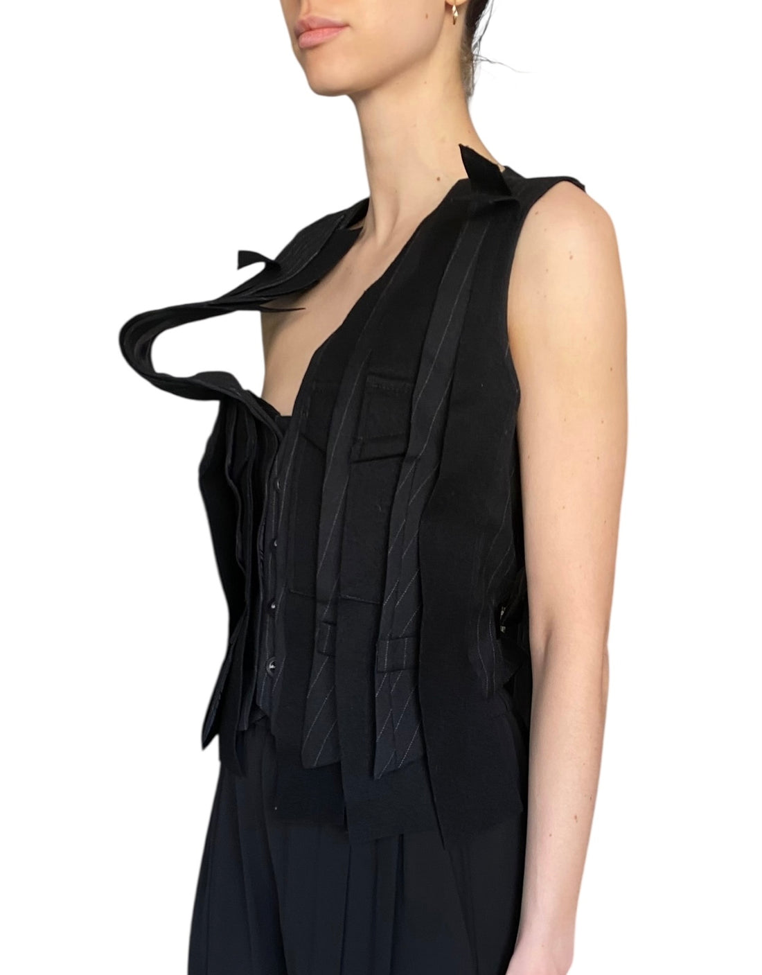 Sacai Charcoal Asymmetrical Pinstripe Patchwork Vest - JP 2 / US 4-6