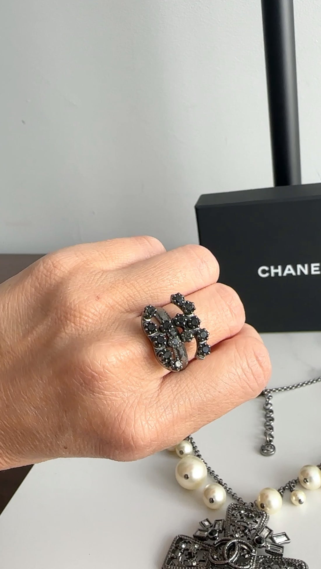 Chanel 10C Dark Grey Crystal CC Ring - 7