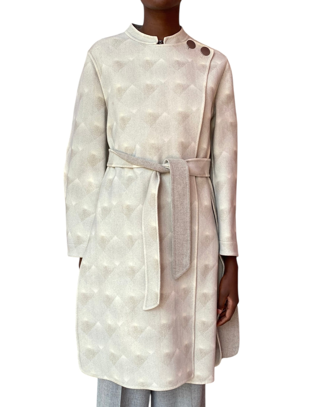 Giorgio Armani Grey Geometric Print Belted Wool Car Coat - 44 / US 8