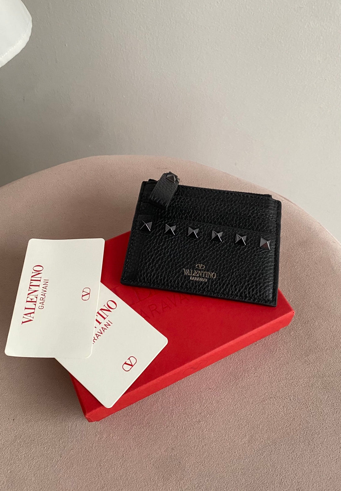 Valentino Black Grained Leather Rockstud Zip Cardholder