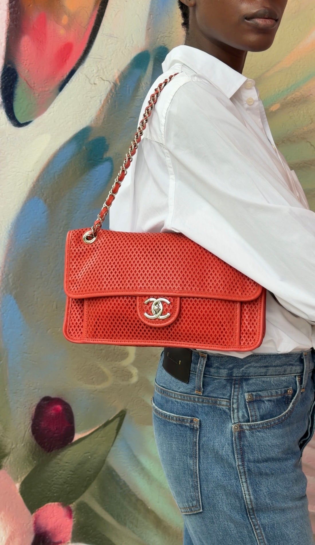 Chanel Red Perforated Leather Large Up In The Air Flap Bag