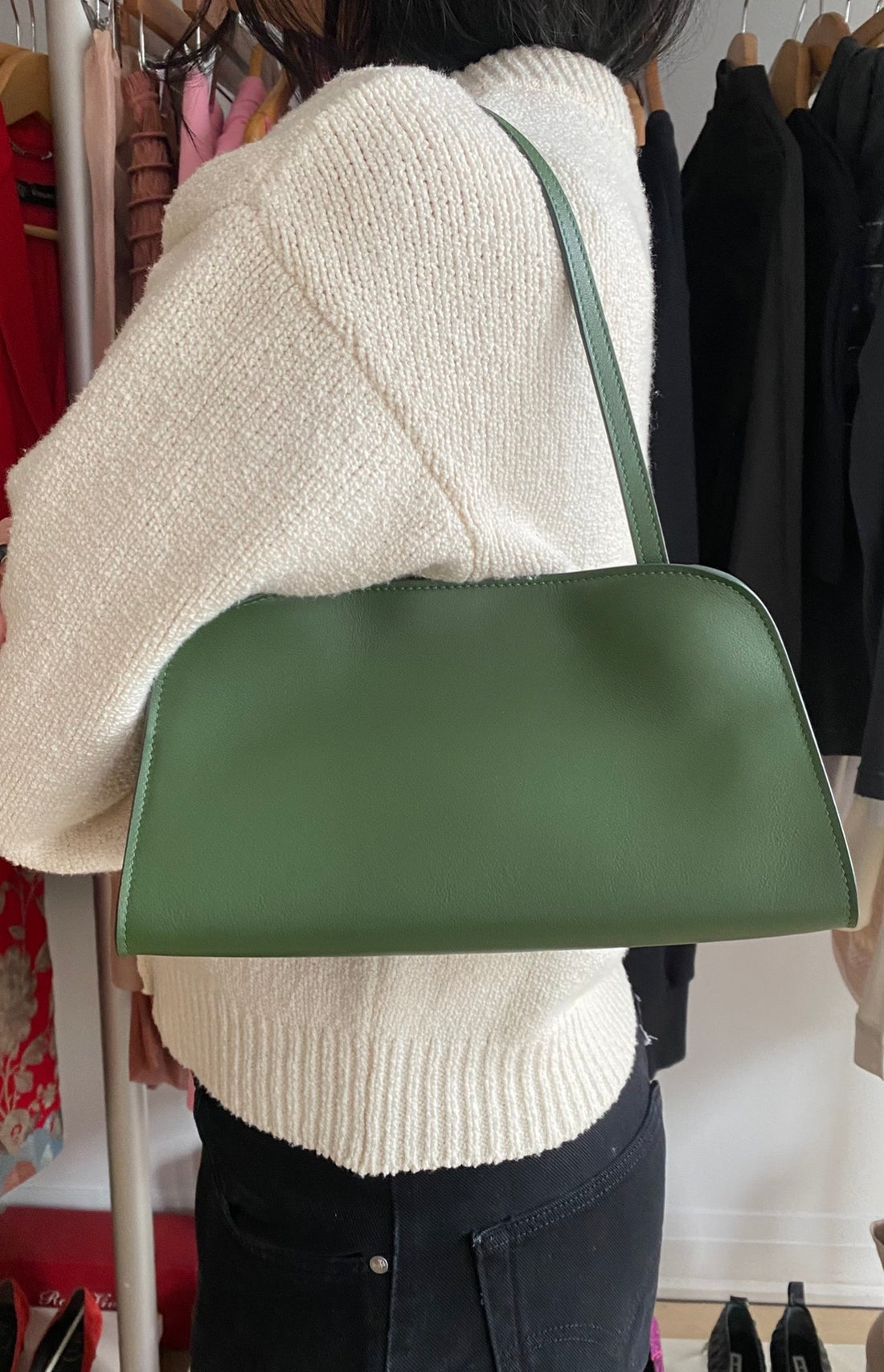 The Row Moss Green Leather Peggy Clutch with Straps