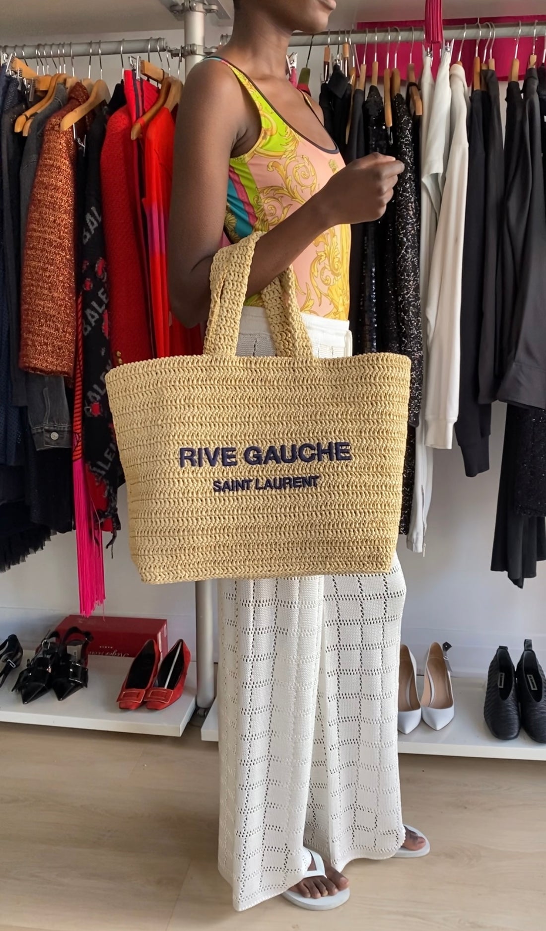 Saint Laurent Rive Gauche Woven Raffia Beach Large Tote Bag