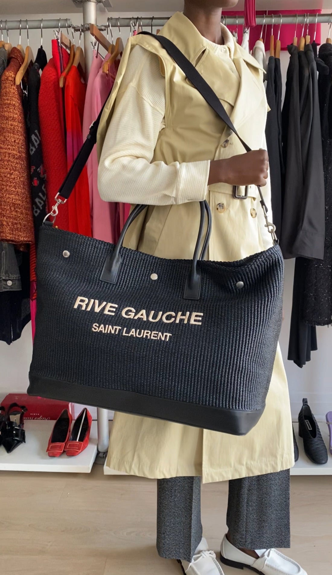 Saint Laurent Rive Gauche Black Raffia Large Overnight Travel Bag