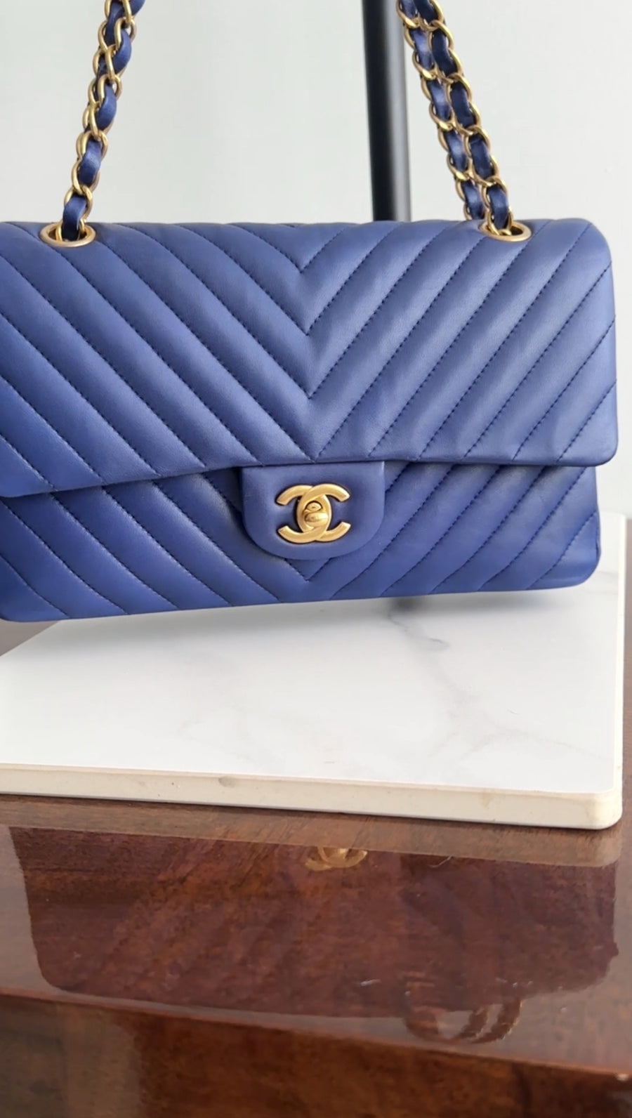 Chanel Blue Chevron Quilted Medium Double Classic Flap Bag GHW