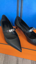 Hermes Kiara 40mm Black Leather Pointed Kelly Maryjane Pump - 36.5