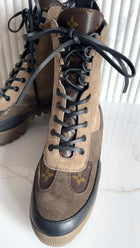 Louis Vuitton Taupe Monogram Laureate Desert Platform Ankle Boots - 7