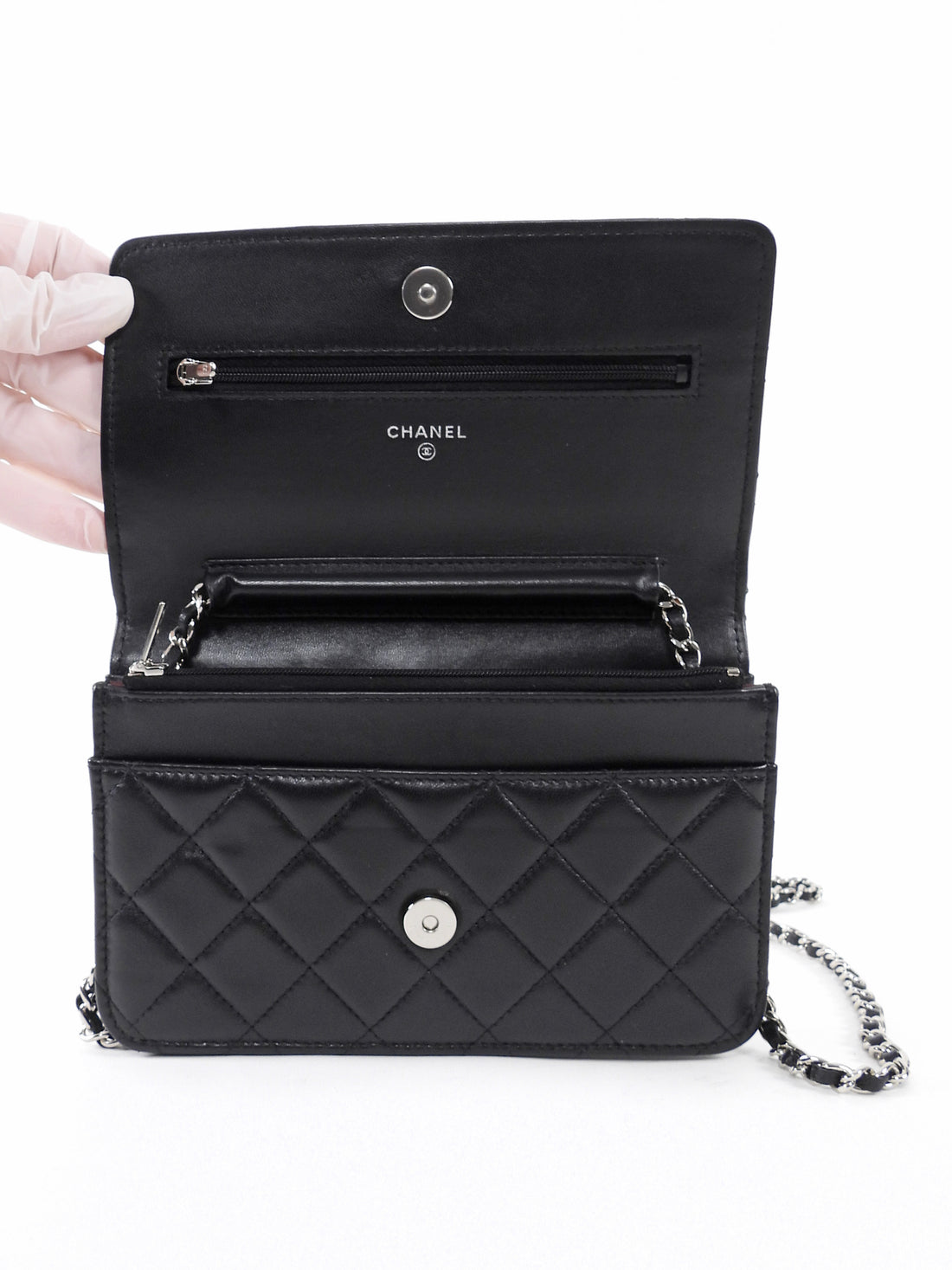 Chanel Black Lambskin Leather CC Classic Wallet on Chain SHW