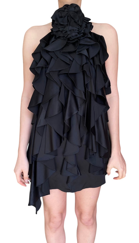 Saint Laurent Black Silk Ruffle Rose Mini Dress - F36 / US 2