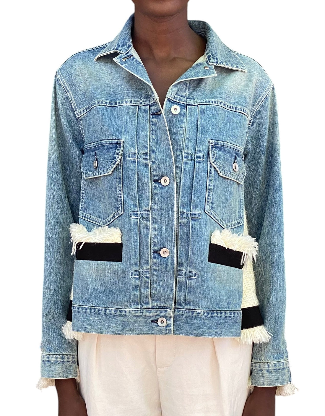 Sacai Blue & Ivory Denim Tweed Combo Jacket - JP 1 / S / US 4-6