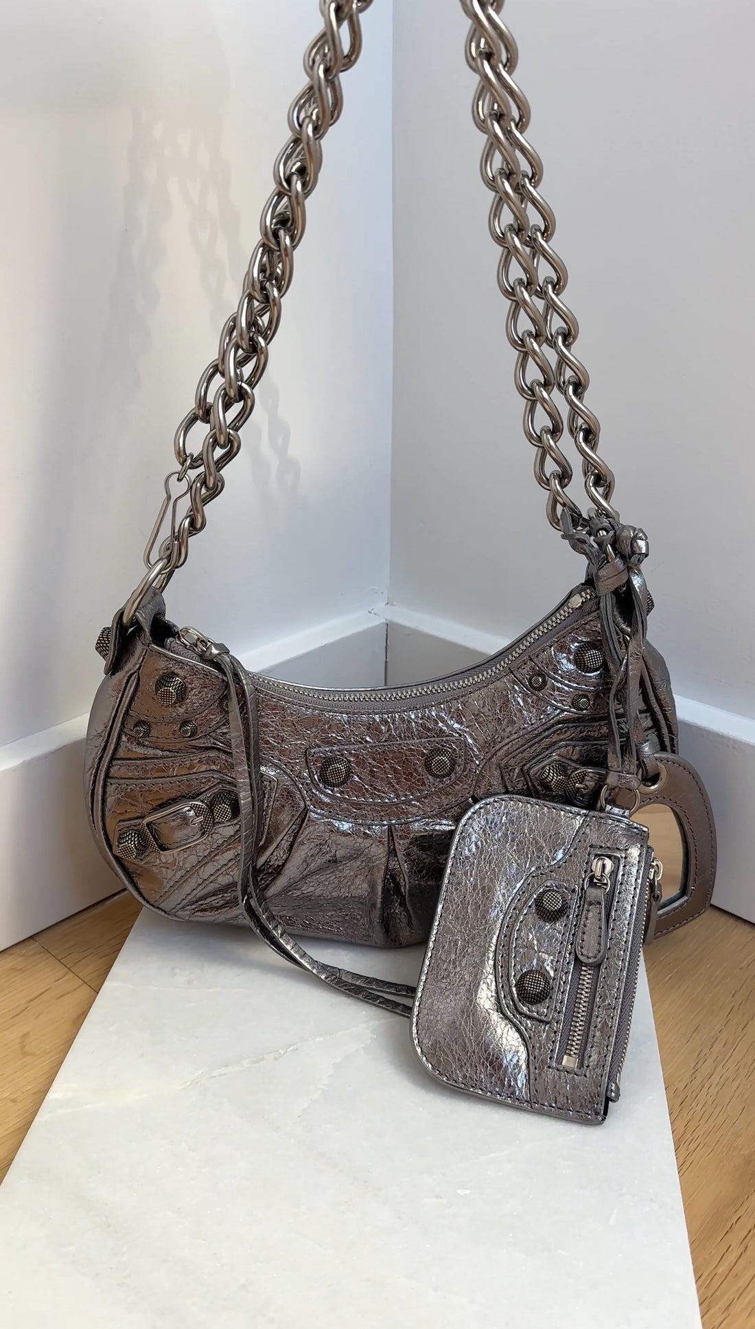 Balenciaga Silver Pewter Le Cagole XS Chain Satchel Bag