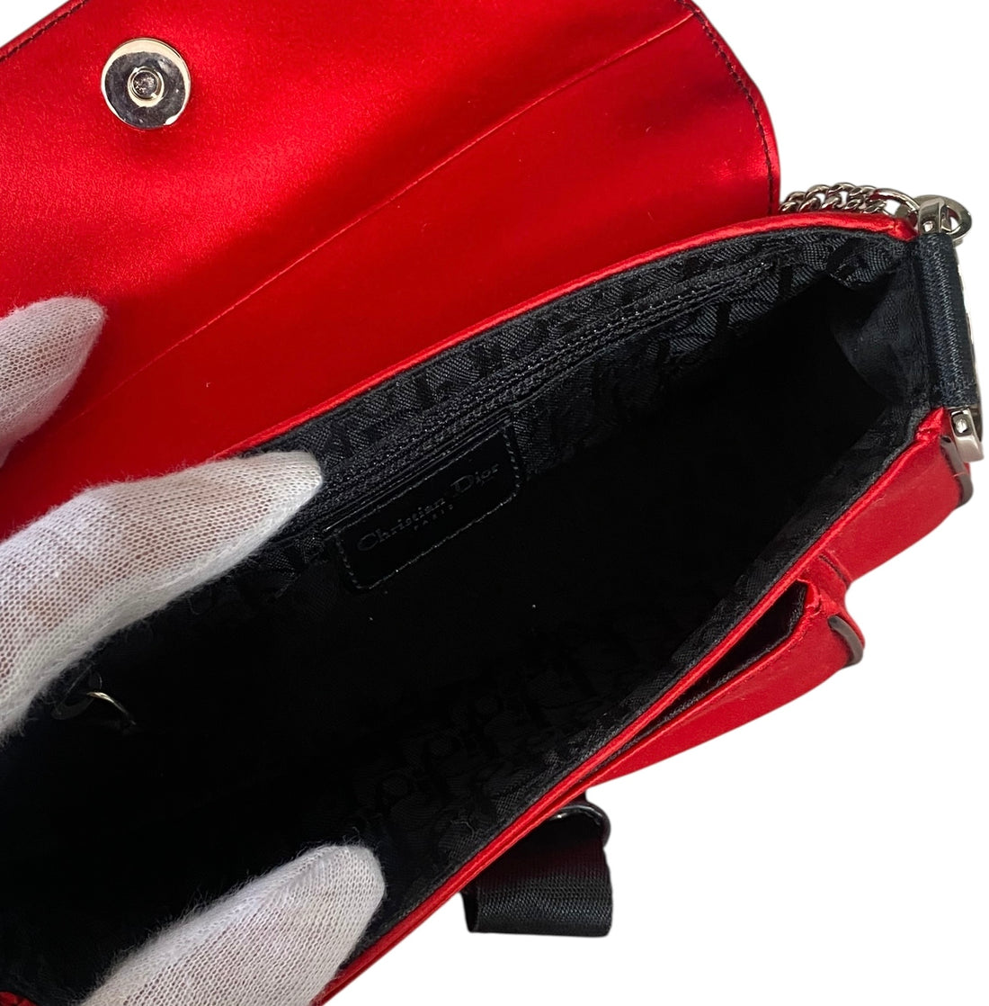 Dior Red Satin Hardcore Mini Rhinestone Chain Bag