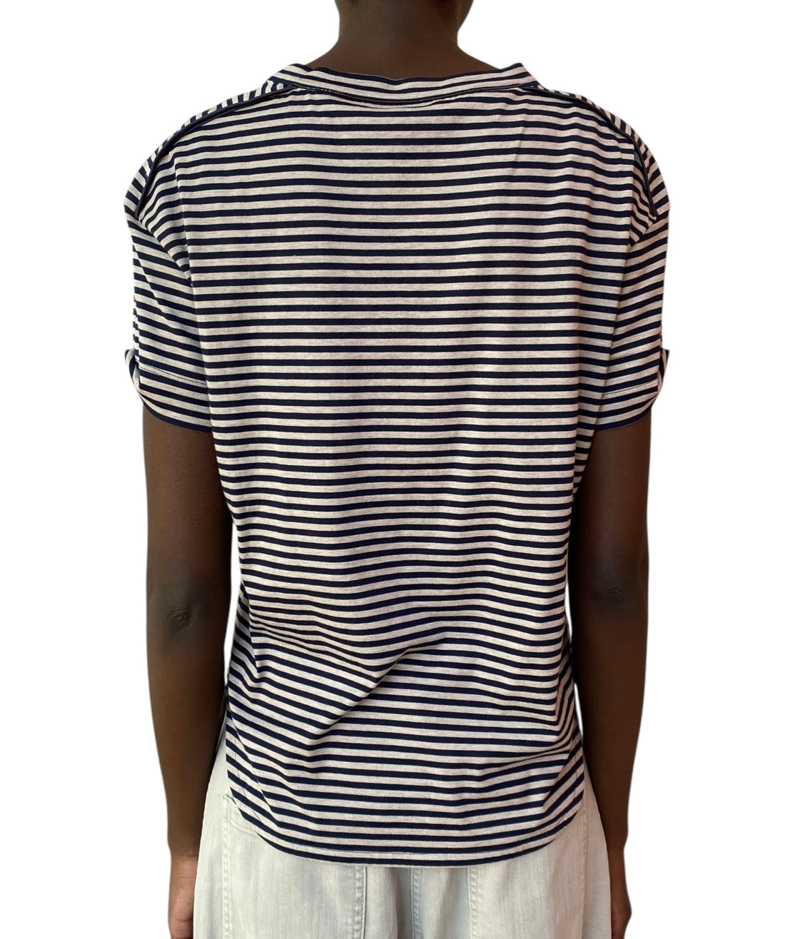 Brunello Cucinelli Beige and Navy Cotton Stripe Tee - S