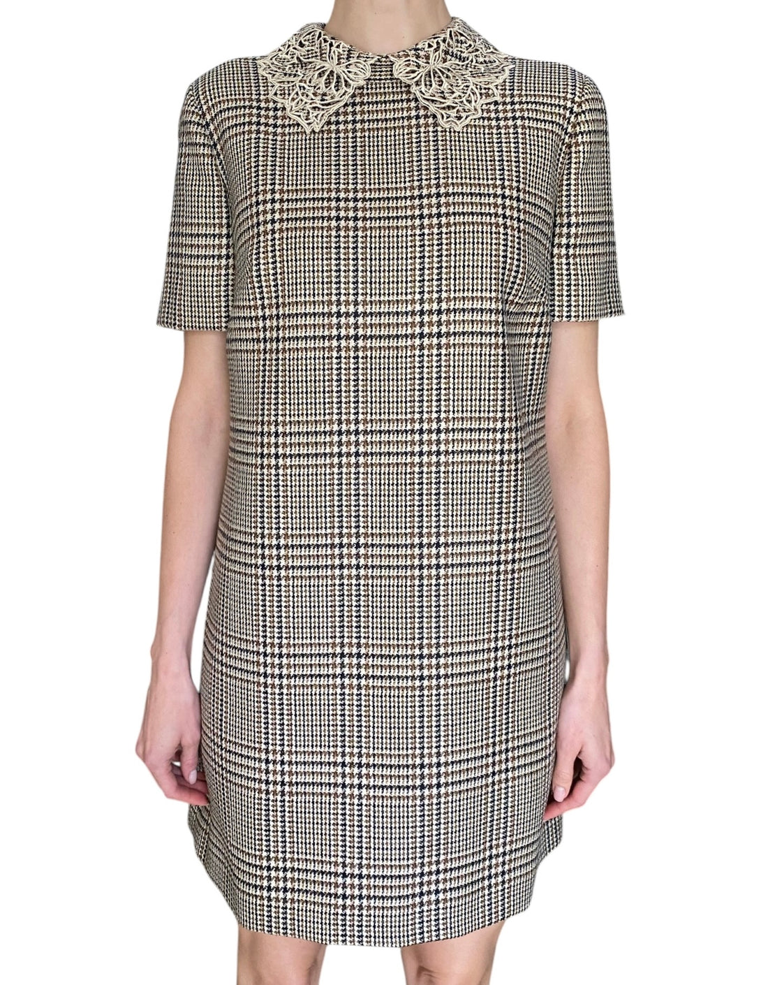 Oscar De La Renta Beige Lace Collar Plaid-Check Mini Shift Dress -  US 6