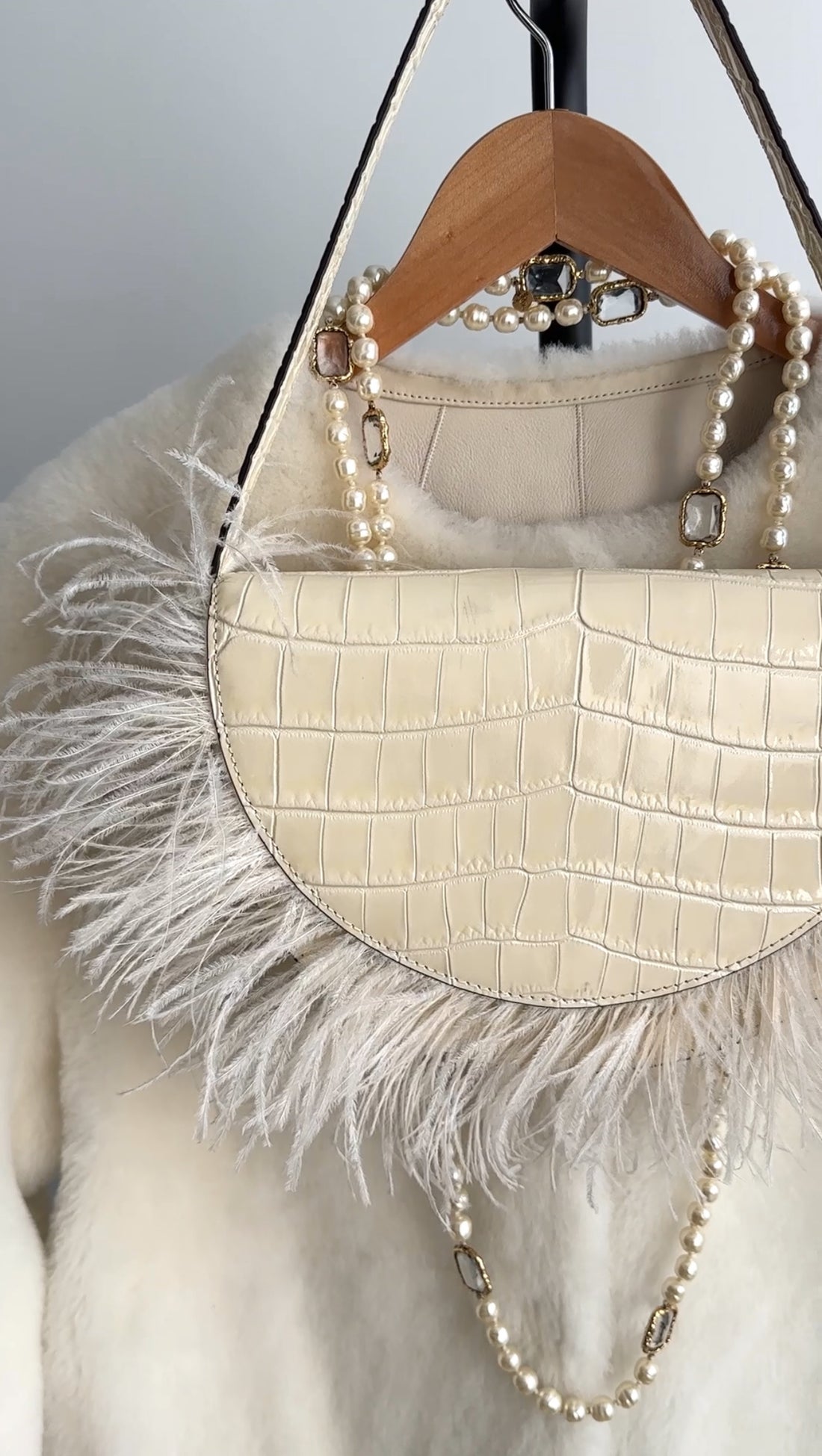 Staud Ivory Faux Embossed Half Moon Shoulder Bag with Feather Trim