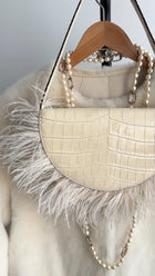 Staud Ivory Faux Embossed Half Moon Shoulder Bag with Feather Trim